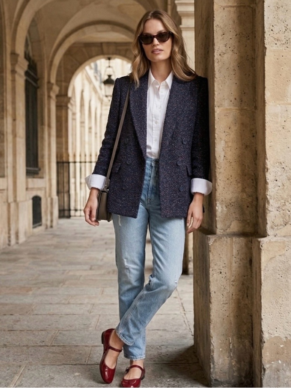 L'AGENCE Ashlyn Navy Multi-Color Textured Tweed Double Breasted Blazer 2 NWT - Picture 2 of 16